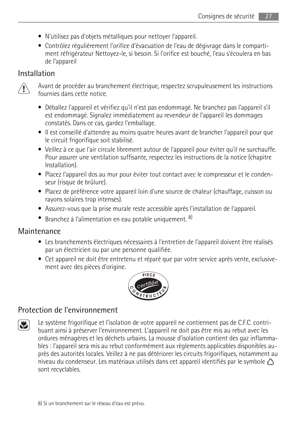 Installation, Maintenance, Protection de l'environnement | AEG S84000KMX0 User Manual | Page 27 / 84