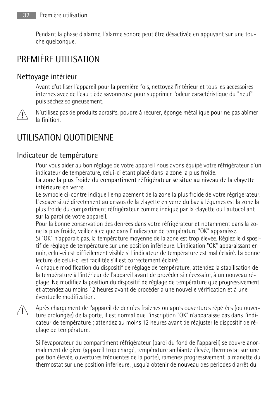 Première utilisation, Utilisation quotidienne, Nettoyage intérieur | Indicateur de température | AEG S84000KMX0 User Manual | Page 32 / 84