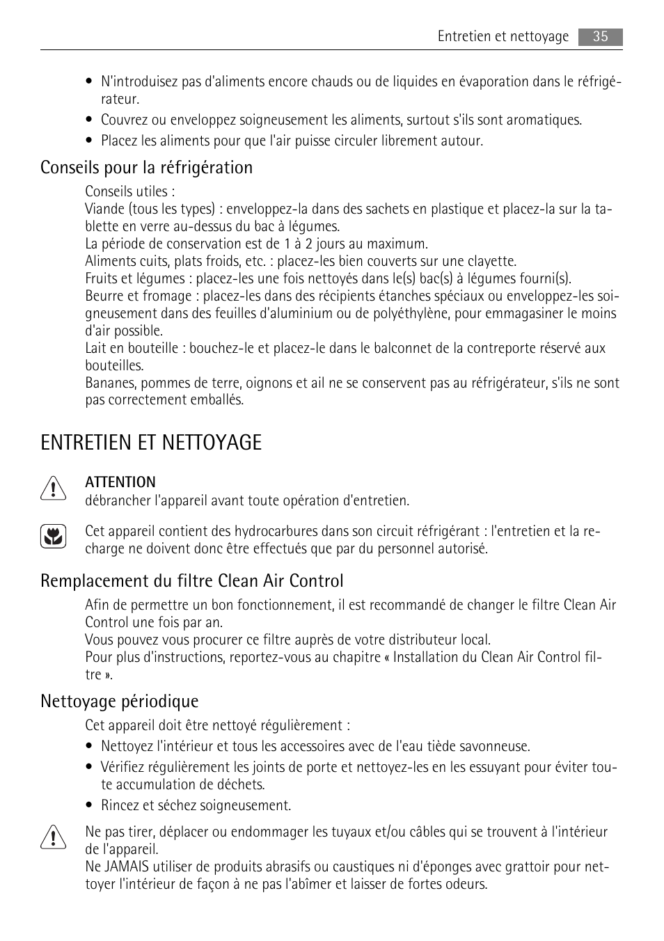 Entretien et nettoyage, Conseils pour la réfrigération, Remplacement du filtre clean air control | Nettoyage périodique | AEG S84000KMX0 User Manual | Page 35 / 84