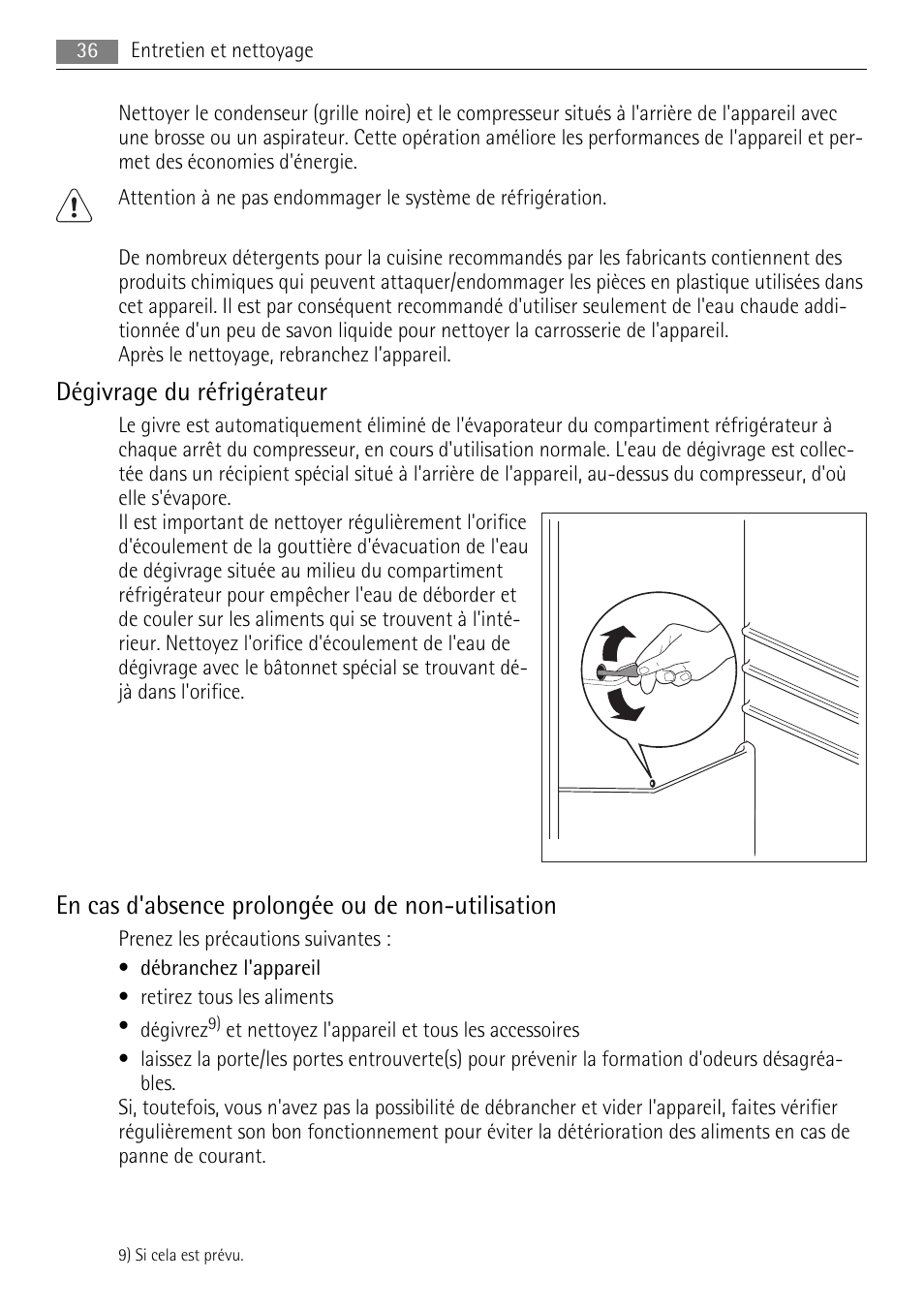 Dégivrage du réfrigérateur, En cas d'absence prolongée ou de non-utilisation | AEG S84000KMX0 User Manual | Page 36 / 84