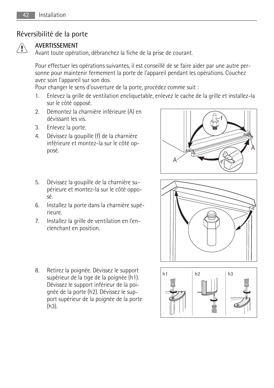 Réversibilité de la porte | AEG S84000KMX0 User Manual | Page 42 / 84