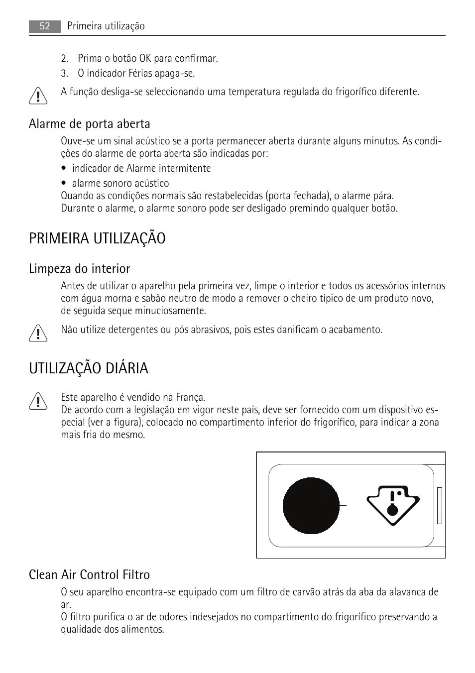 Primeira utilização, Utilização diária, Alarme de porta aberta | Limpeza do interior, Clean air control filtro | AEG S84000KMX0 User Manual | Page 52 / 84