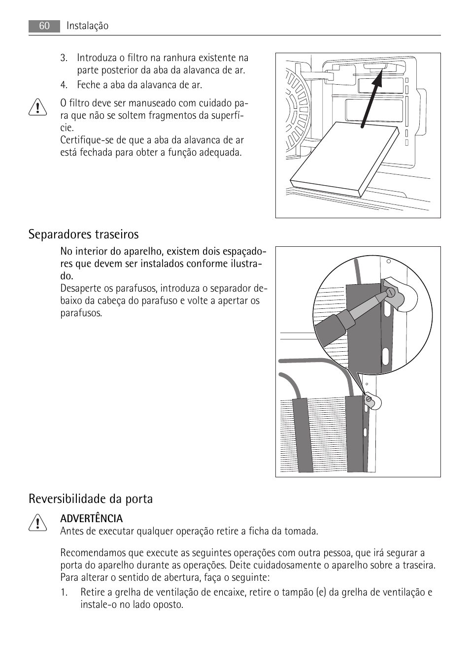 Separadores traseiros, Reversibilidade da porta | AEG S84000KMX0 User Manual | Page 60 / 84