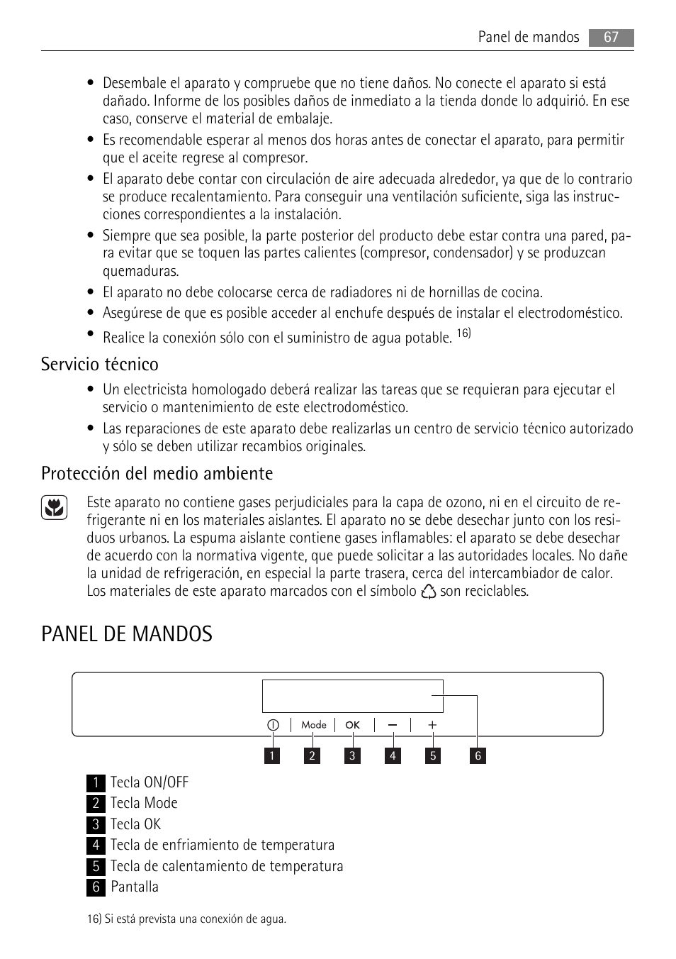 Panel de mandos, Servicio técnico, Protección del medio ambiente | AEG S84000KMX0 User Manual | Page 67 / 84