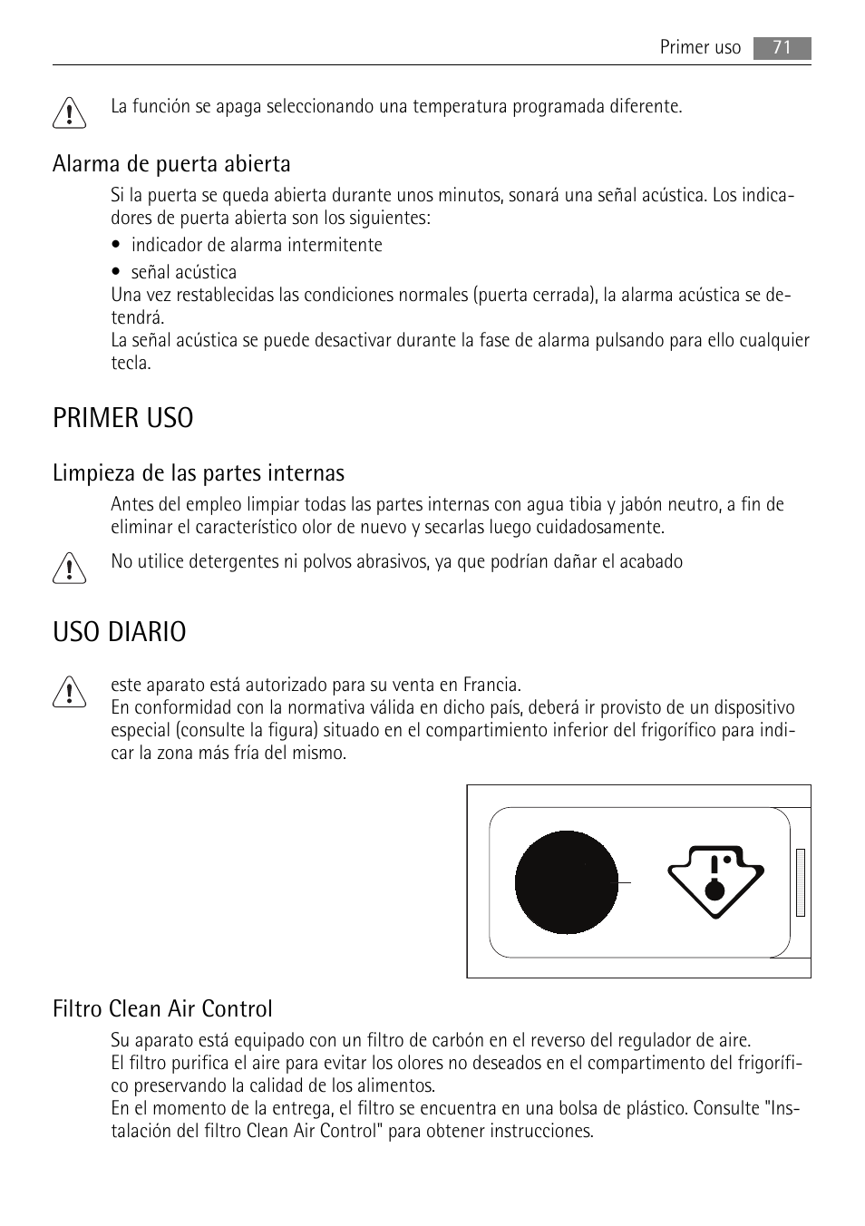 Primer uso, Uso diario, Alarma de puerta abierta | Limpieza de las partes internas, Filtro clean air control | AEG S84000KMX0 User Manual | Page 71 / 84