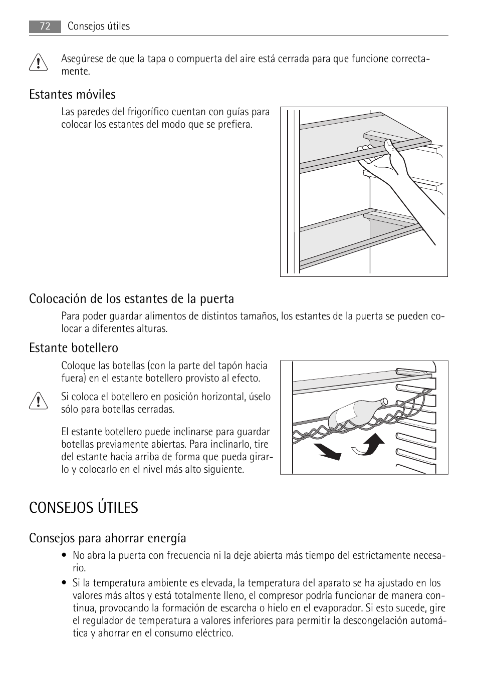 Consejos útiles, Estantes móviles, Colocación de los estantes de la puerta | Estante botellero, Consejos para ahorrar energía | AEG S84000KMX0 User Manual | Page 72 / 84