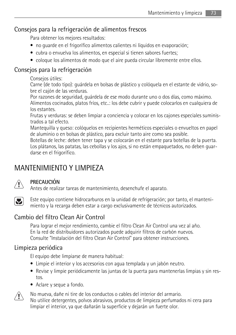 Mantenimiento y limpieza, Consejos para la refrigeración, Cambio del filtro clean air control | Limpieza periódica | AEG S84000KMX0 User Manual | Page 73 / 84