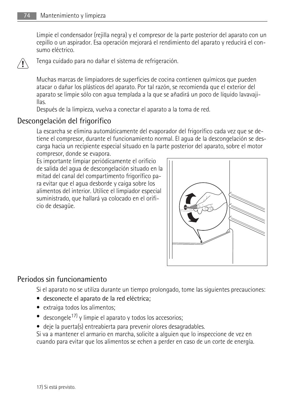 Descongelación del frigorífico, Periodos sin funcionamiento | AEG S84000KMX0 User Manual | Page 74 / 84