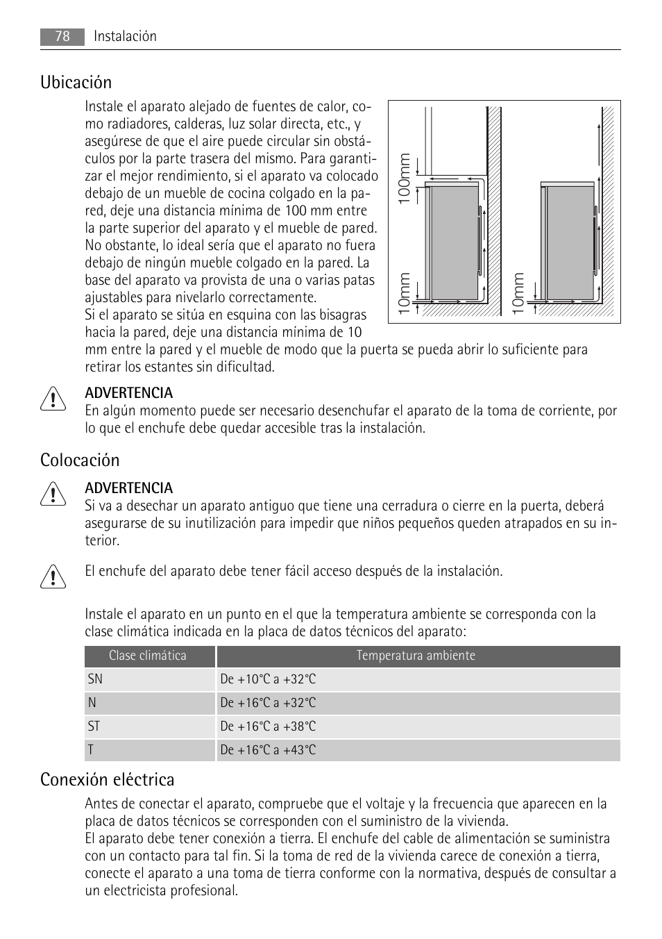 Ubicación, Colocación, Conexión eléctrica | AEG S84000KMX0 User Manual | Page 78 / 84