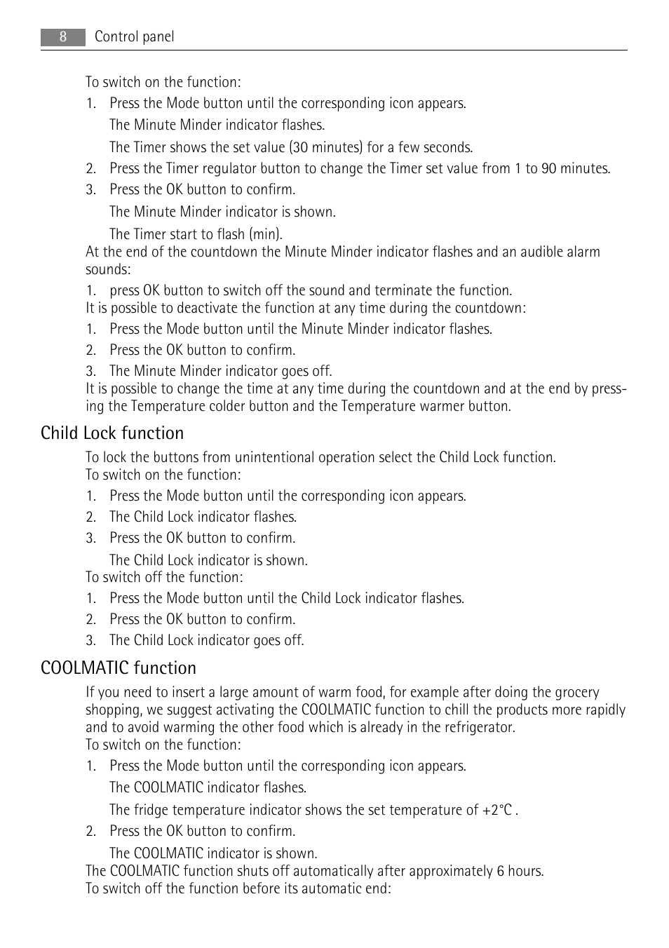 Child lock function, Coolmatic function | AEG S84000KMX0 User Manual | Page 8 / 84