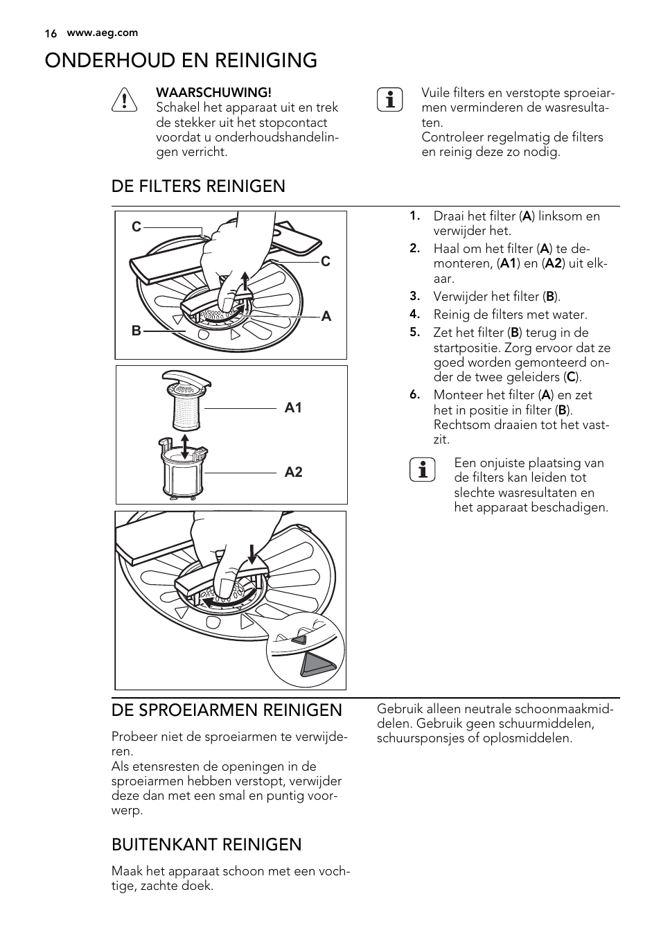 Onderhoud en reiniging, De filters reinigen, De sproeiarmen reinigen | Buitenkant reinigen | AEG F99009W0P User Manual | Page 16 / 84
