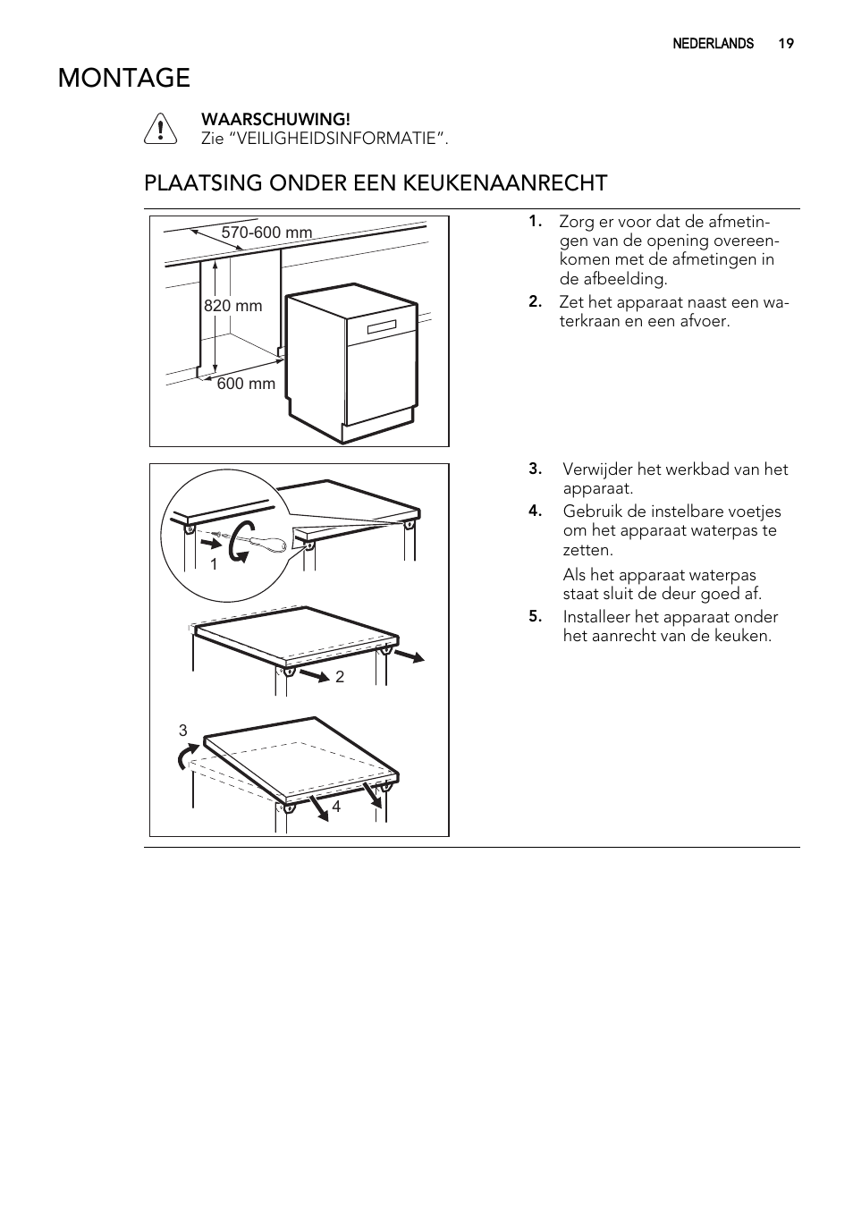 Montage, Plaatsing onder een keukenaanrecht | AEG F99009W0P User Manual | Page 19 / 84