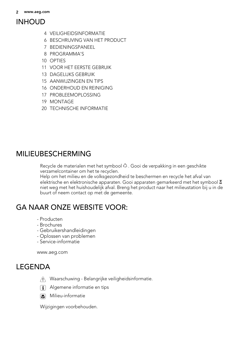 Inhoud, Milieubescherming, Ga naar onze website voor | Legenda | AEG F99009W0P User Manual | Page 2 / 84