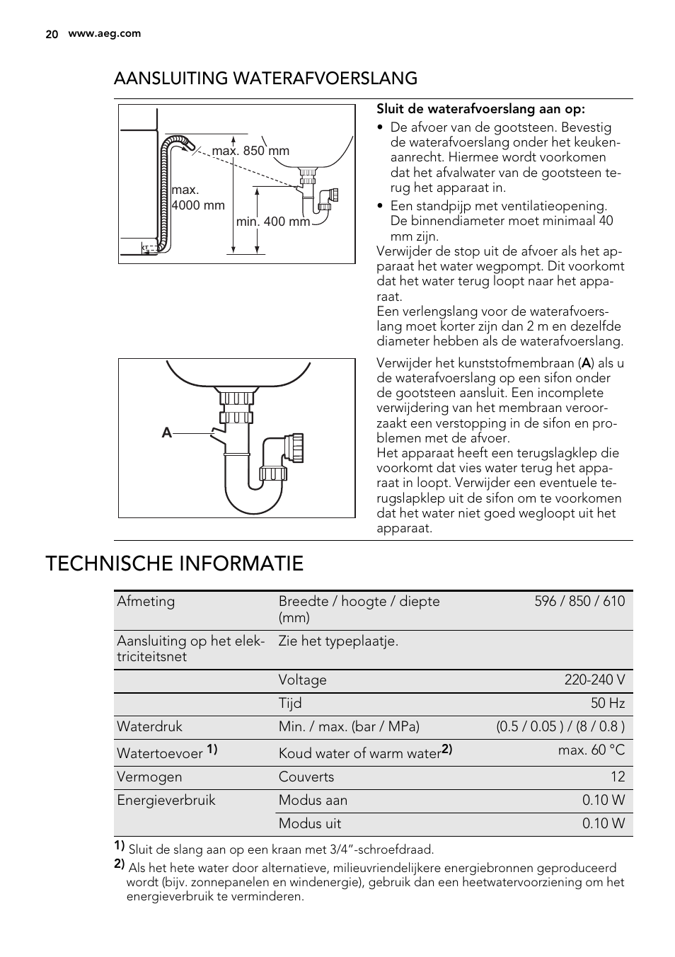 Technische informatie, Aansluiting waterafvoerslang | AEG F99009W0P User Manual | Page 20 / 84
