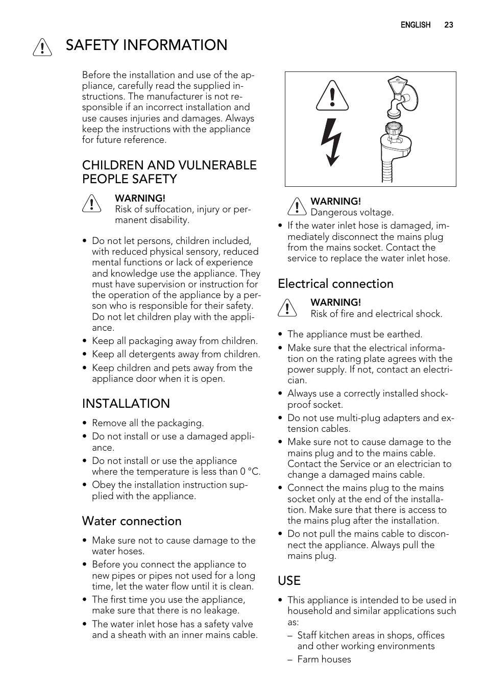 Safety information, Children and vulnerable people safety, Installation | Water connection, Electrical connection | AEG F99009W0P User Manual | Page 23 / 84