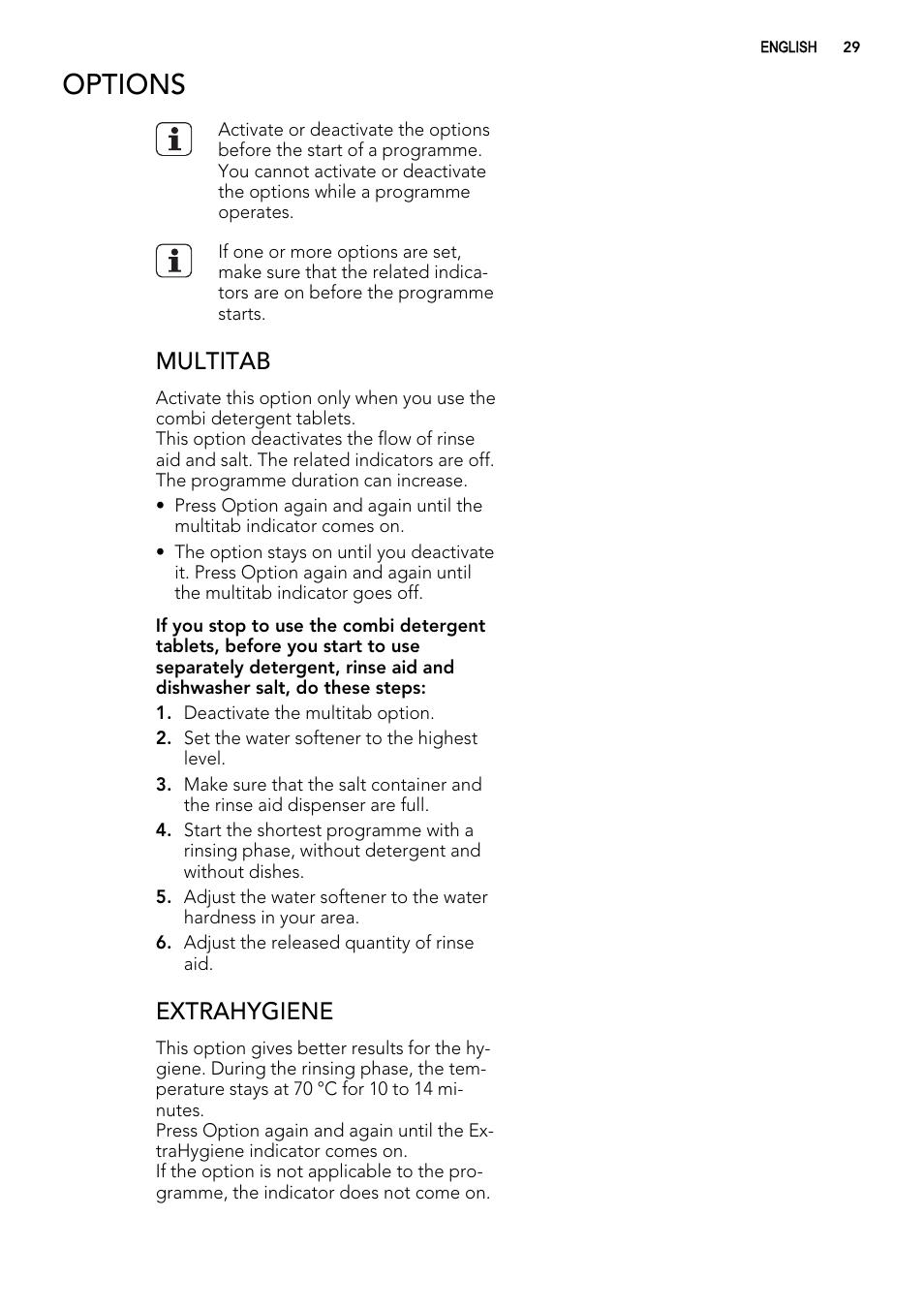 Options, Multitab, Extrahygiene | AEG F99009W0P User Manual | Page 29 / 84