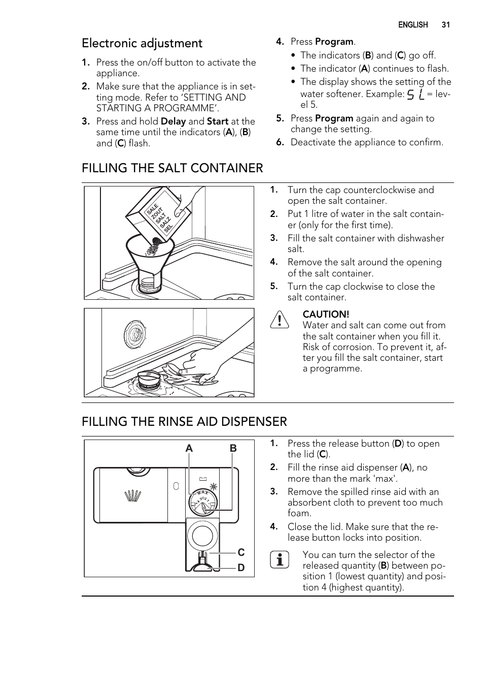 Electronic adjustment, Filling the salt container, Filling the rinse aid dispenser | AEG F99009W0P User Manual | Page 31 / 84
