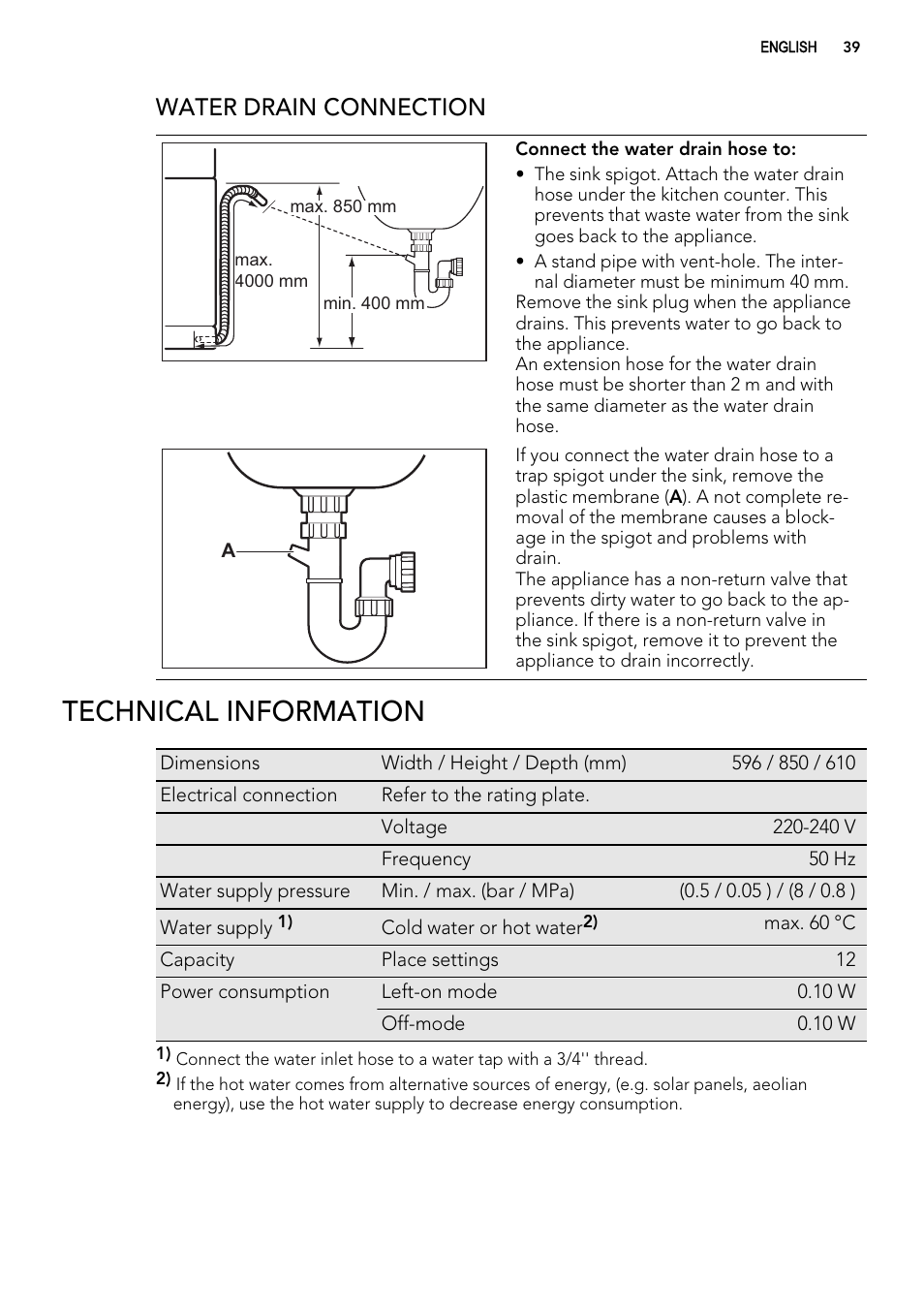 Technical information, Water drain connection | AEG F99009W0P User Manual | Page 39 / 84