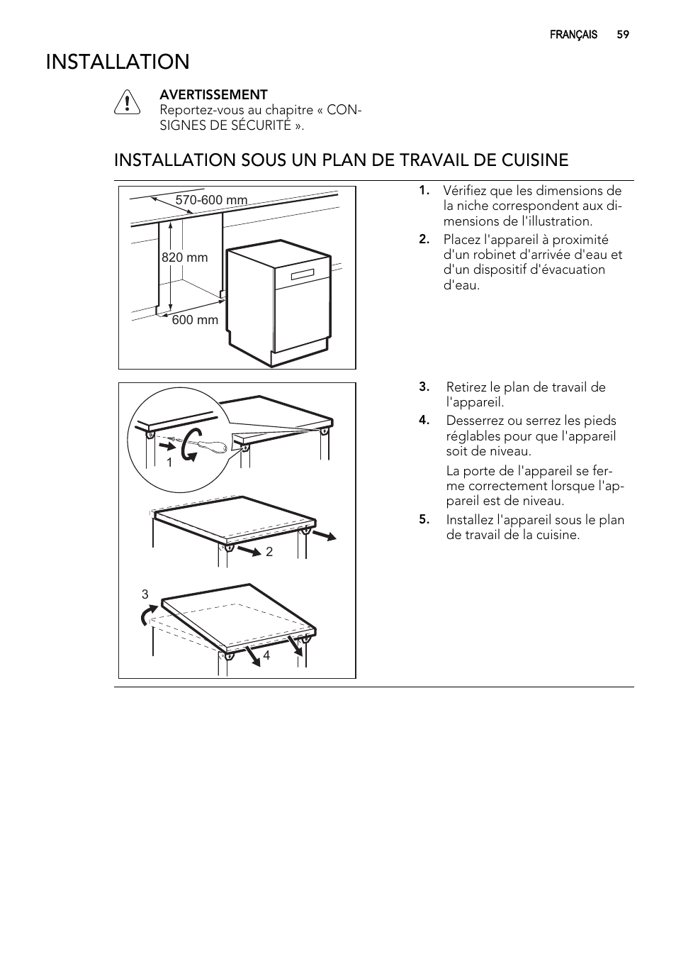 Installation, Installation sous un plan de travail de cuisine | AEG F99009W0P User Manual | Page 59 / 84