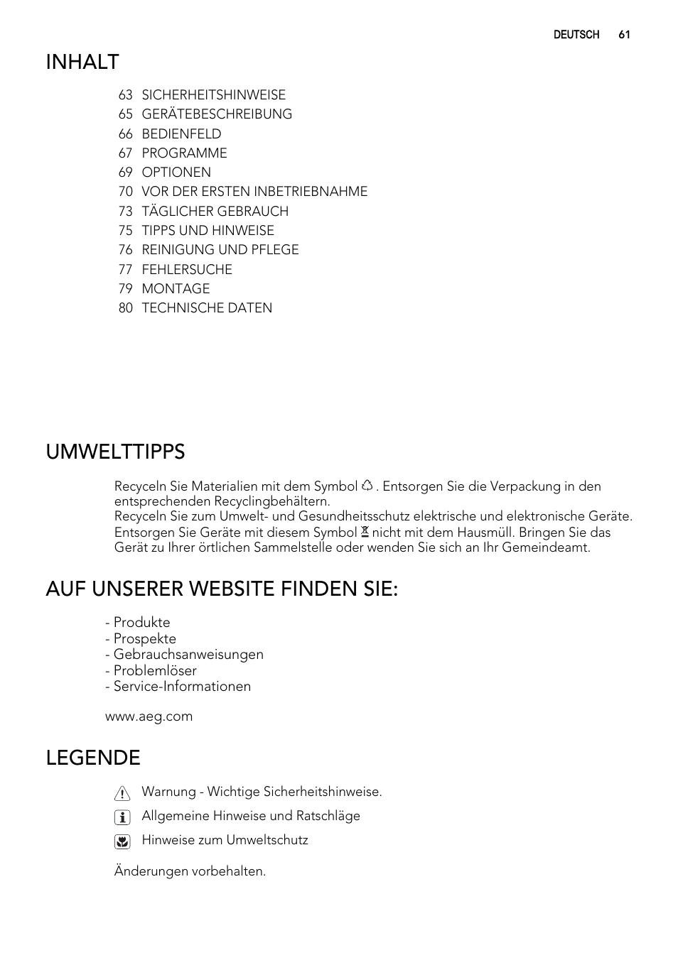 Inhalt, Umwelttipps, Auf unserer website finden sie | Legende | AEG F99009W0P User Manual | Page 61 / 84