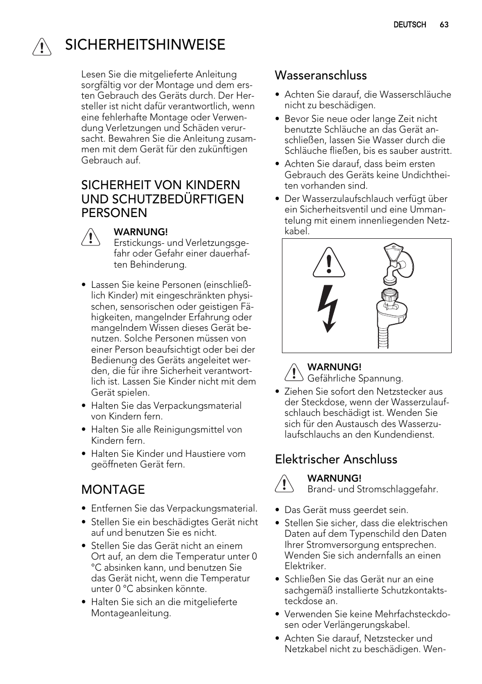 Sicherheitshinweise, Montage, Wasseranschluss | Elektrischer anschluss | AEG F99009W0P User Manual | Page 63 / 84