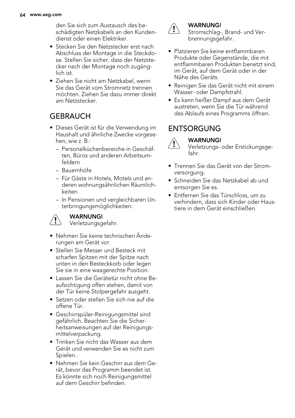 Gebrauch, Entsorgung | AEG F99009W0P User Manual | Page 64 / 84