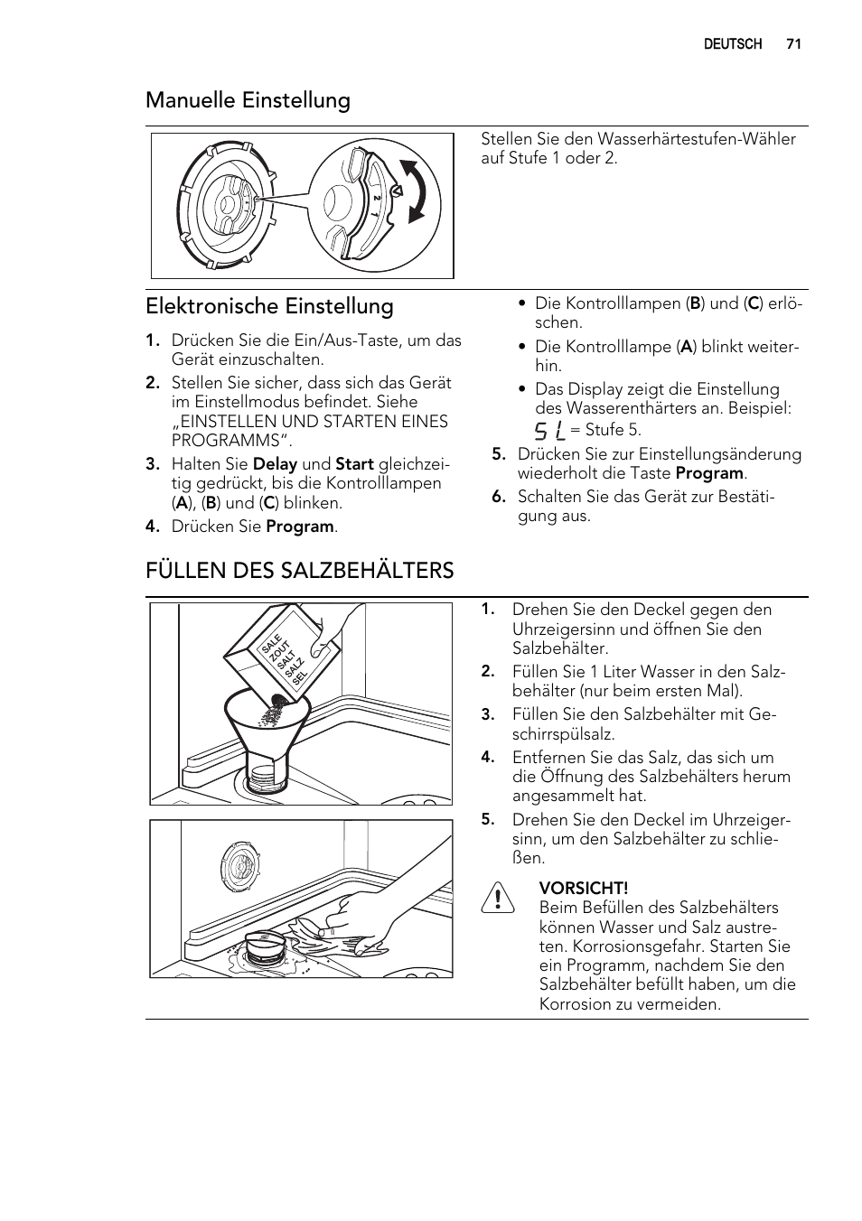 Manuelle einstellung, Elektronische einstellung, Füllen des salzbehälters | AEG F99009W0P User Manual | Page 71 / 84