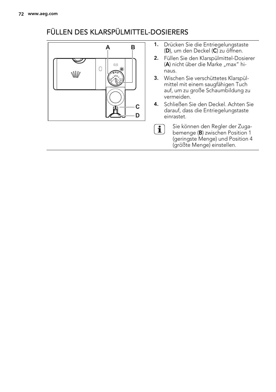 Füllen des klarspülmittel-dosierers, Ab d c | AEG F99009W0P User Manual | Page 72 / 84