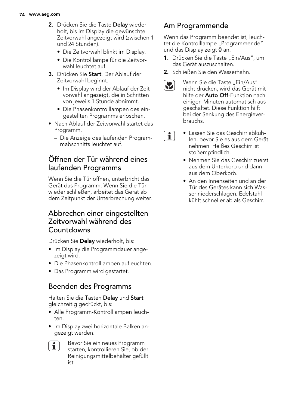 Öffnen der tür während eines laufenden programms, Beenden des programms, Am programmende | AEG F99009W0P User Manual | Page 74 / 84