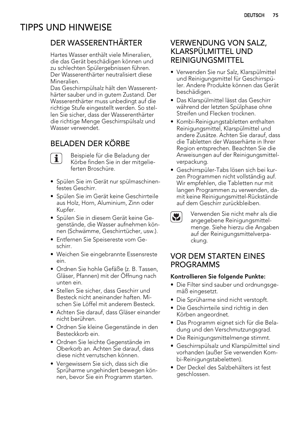 Tipps und hinweise, Der wasserenthärter, Beladen der körbe | Vor dem starten eines programms | AEG F99009W0P User Manual | Page 75 / 84