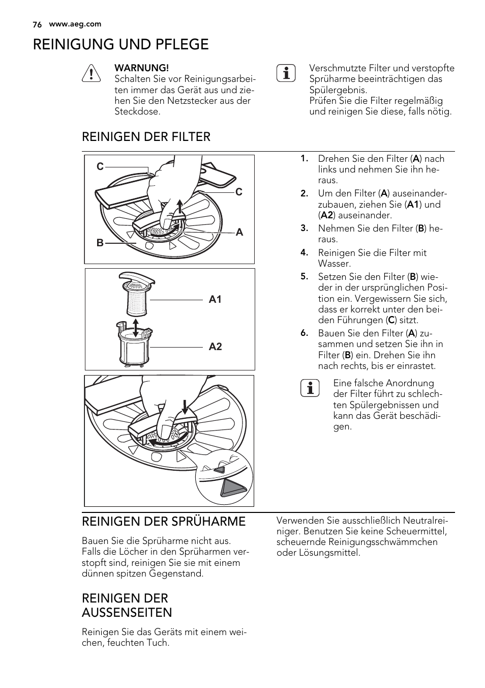 Reinigung und pflege, Reinigen der filter, Reinigen der sprüharme | Reinigen der aussenseiten | AEG F99009W0P User Manual | Page 76 / 84