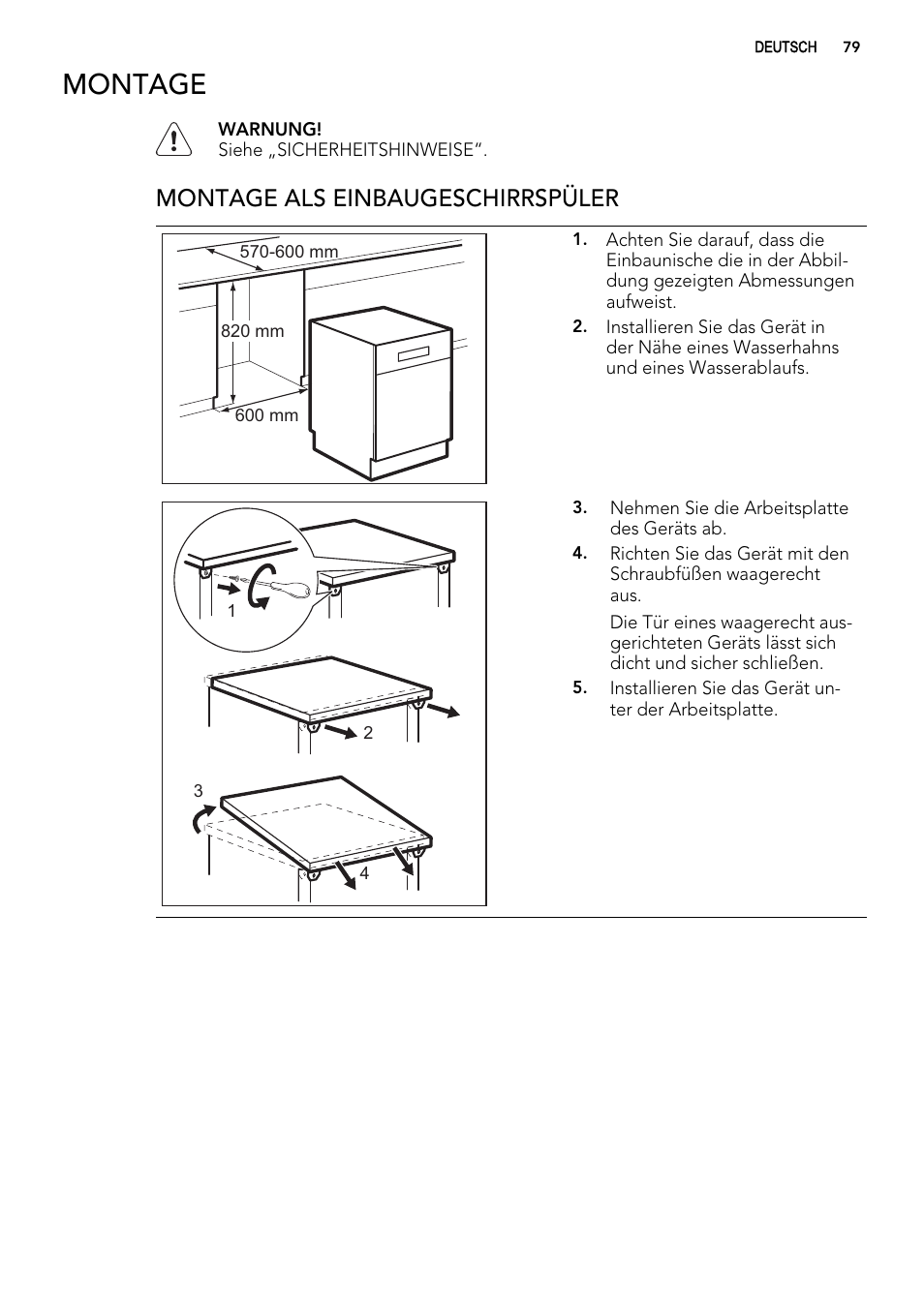 Montage, Montage als einbaugeschirrspüler | AEG F99009W0P User Manual | Page 79 / 84