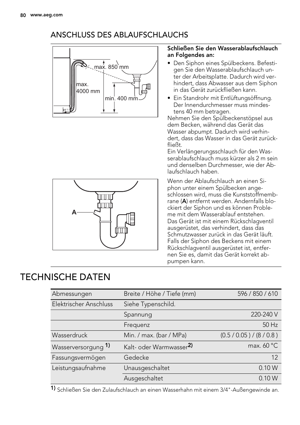 Technische daten, Anschluss des ablaufschlauchs | AEG F99009W0P User Manual | Page 80 / 84