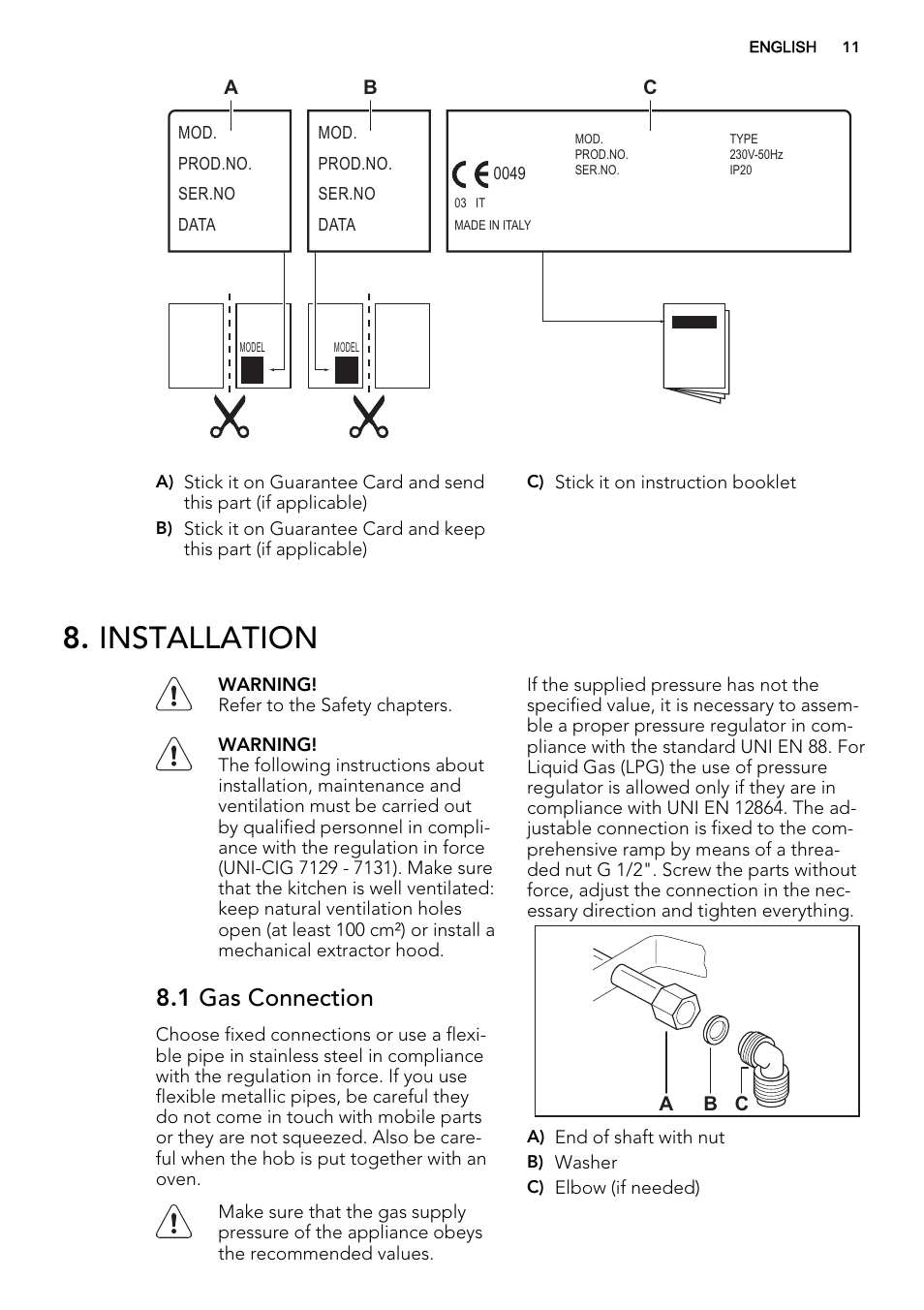 Installation, 1 gas connection | AEG HG755521UM User Manual | Page 11 / 76