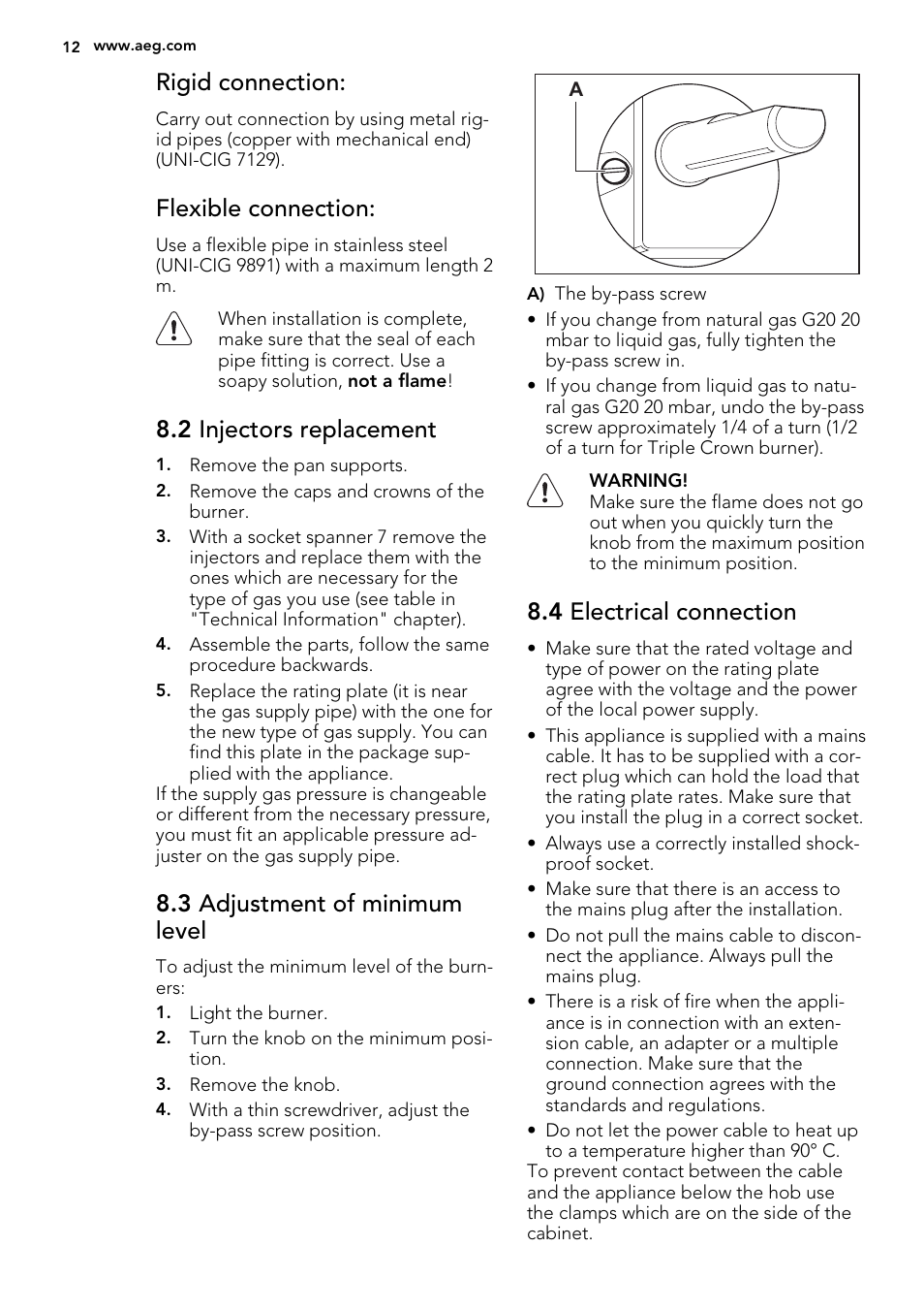 Rigid connection, Flexible connection, 2 injectors replacement | 3 adjustment of minimum level, 4 electrical connection | AEG HG755521UM User Manual | Page 12 / 76