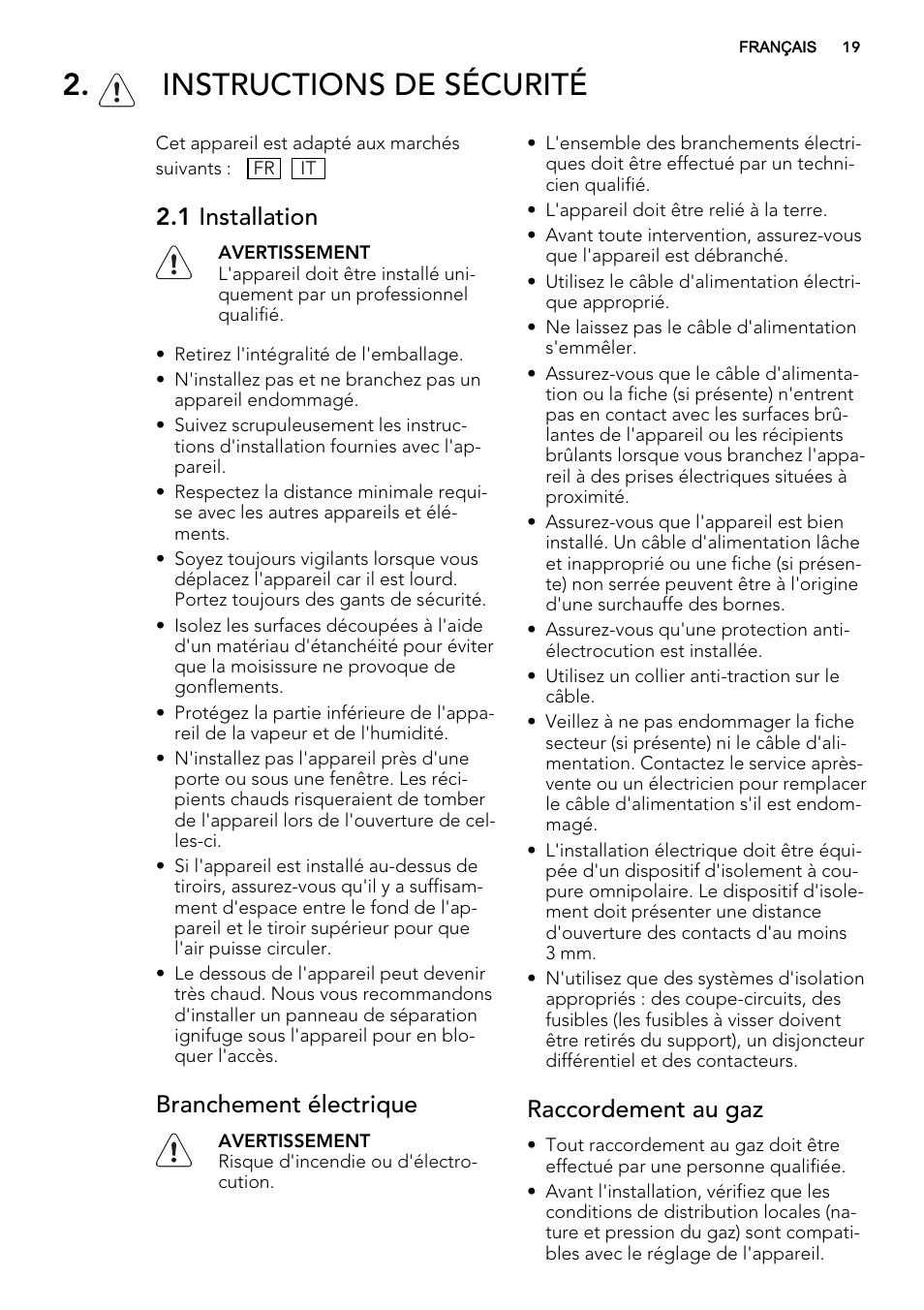 Instructions de sécurité, 1 installation, Branchement électrique | Raccordement au gaz | AEG HG755521UM User Manual | Page 19 / 76