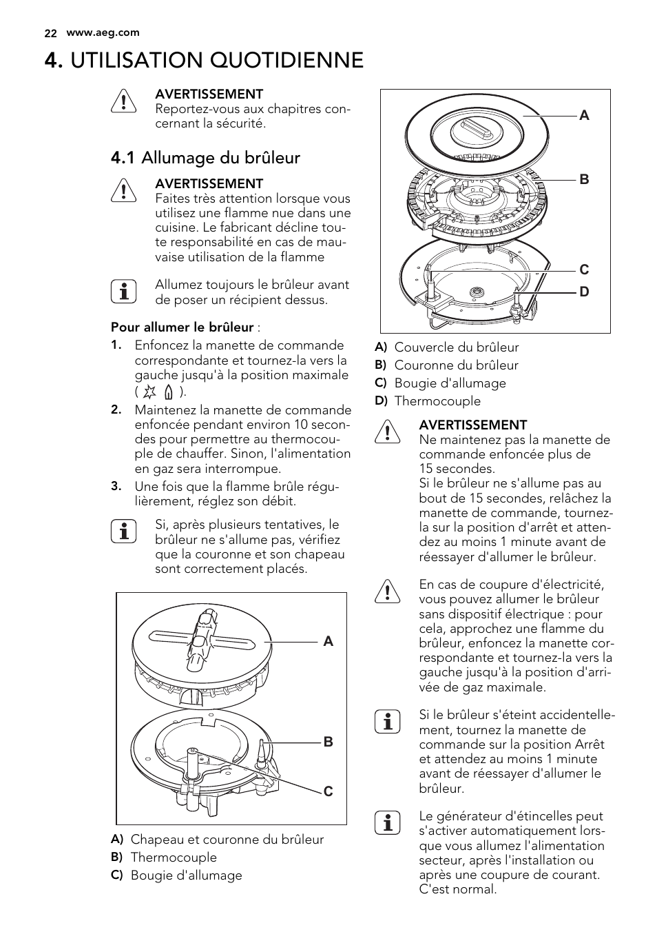 Utilisation quotidienne, 1 allumage du brûleur | AEG HG755521UM User Manual | Page 22 / 76