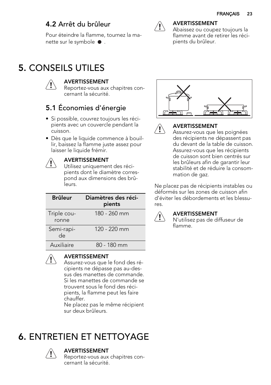 Conseils utiles, Entretien et nettoyage, 2 arrêt du brûleur | 1 économies d'énergie | AEG HG755521UM User Manual | Page 23 / 76