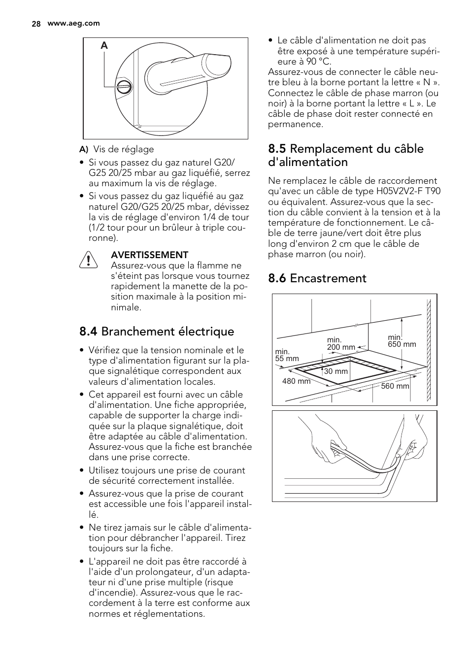 4 branchement électrique, 5 remplacement du câble d'alimentation, 6 encastrement | AEG HG755521UM User Manual | Page 28 / 76