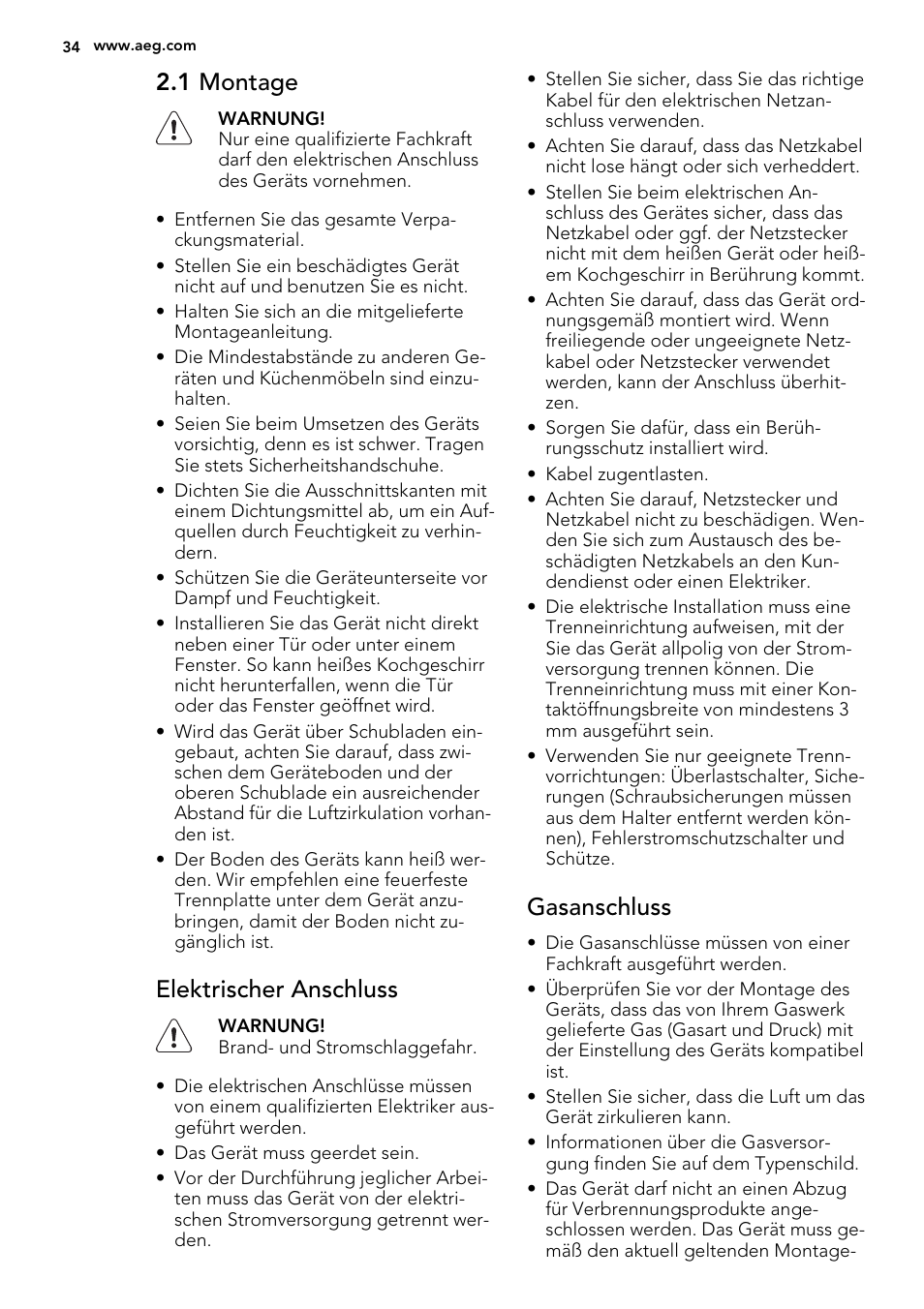 1 montage, Elektrischer anschluss, Gasanschluss | AEG HG755521UM User Manual | Page 34 / 76