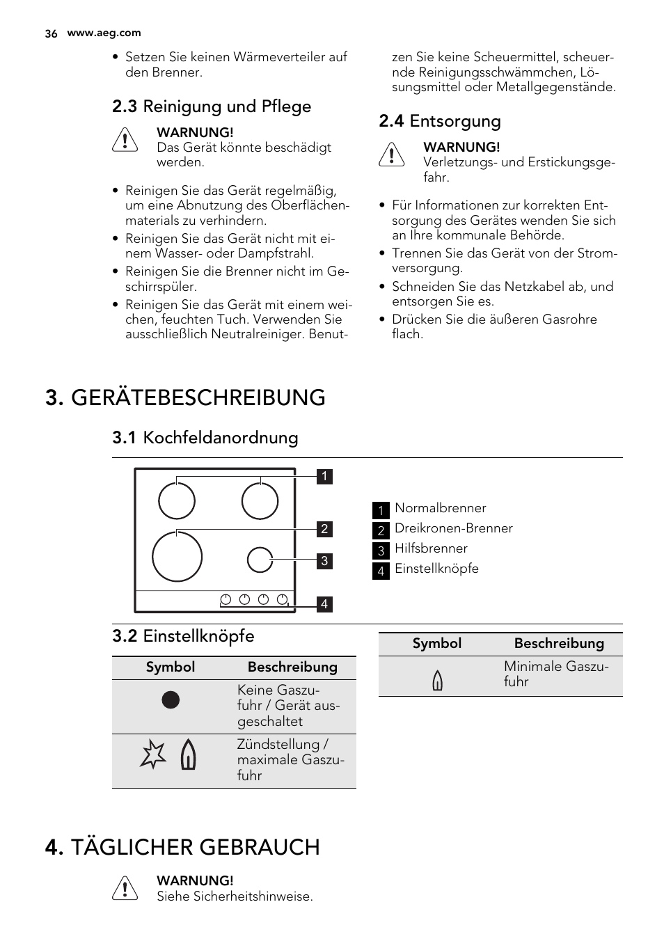 Gerätebeschreibung, Täglicher gebrauch, 3 reinigung und pflege | 4 entsorgung, 1 kochfeldanordnung, 2 einstellknöpfe | AEG HG755521UM User Manual | Page 36 / 76