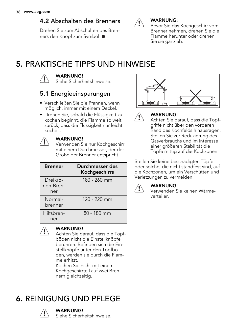 Praktische tipps und hinweise, Reinigung und pflege, 2 abschalten des brenners | 1 energieeinsparungen | AEG HG755521UM User Manual | Page 38 / 76