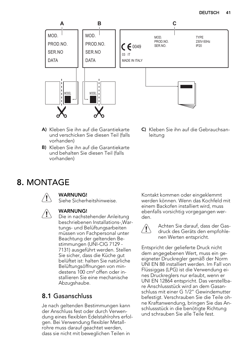 Montage, 1 gasanschluss | AEG HG755521UM User Manual | Page 41 / 76