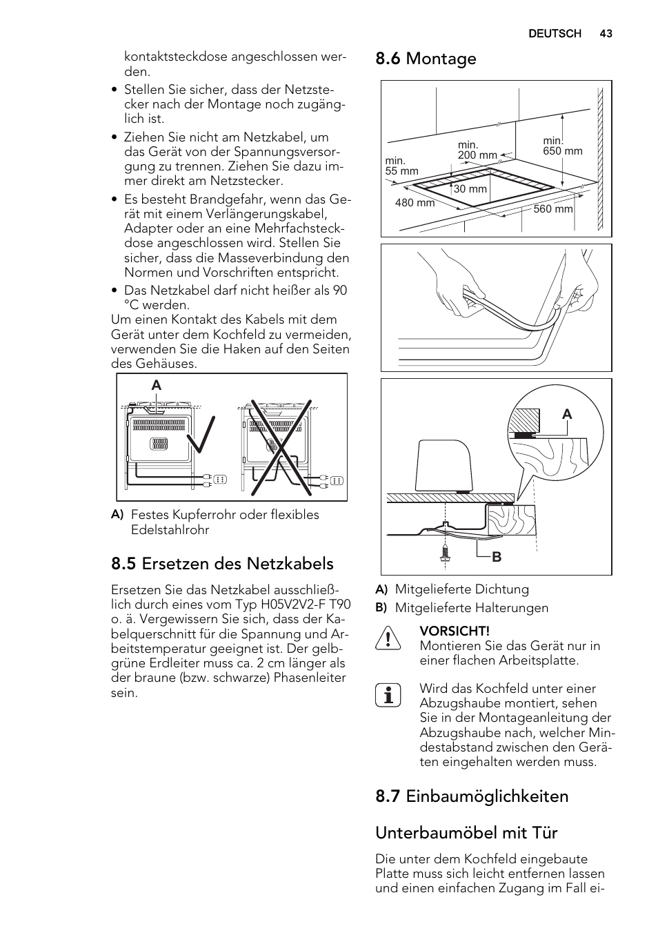 5 ersetzen des netzkabels, 6 montage, 7 einbaumöglichkeiten unterbaumöbel mit tür | AEG HG755521UM User Manual | Page 43 / 76