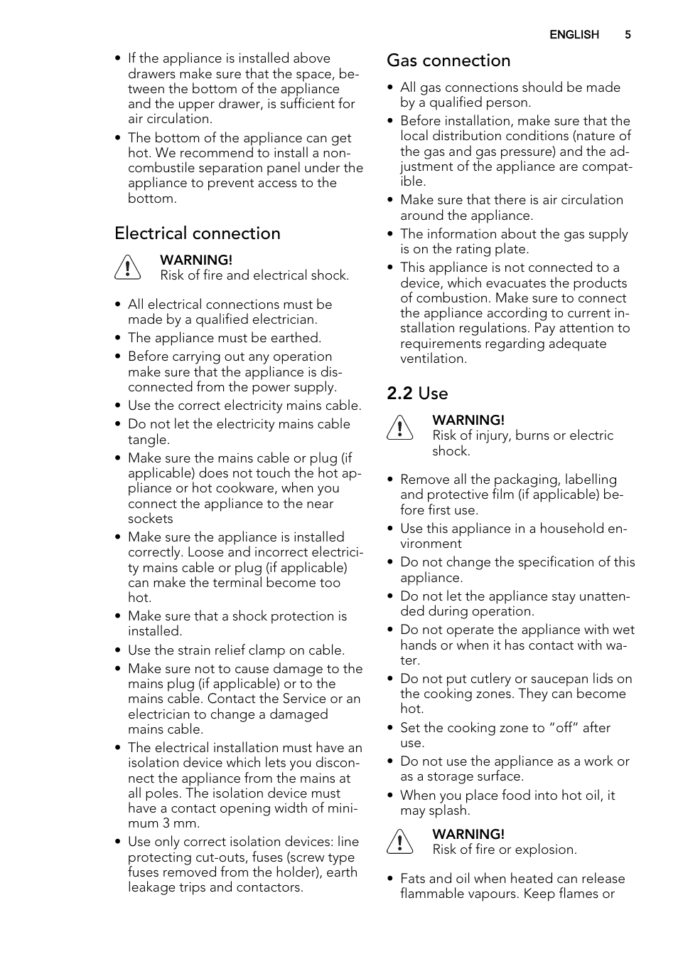 Electrical connection, Gas connection, 2 use | AEG HG755521UM User Manual | Page 5 / 76
