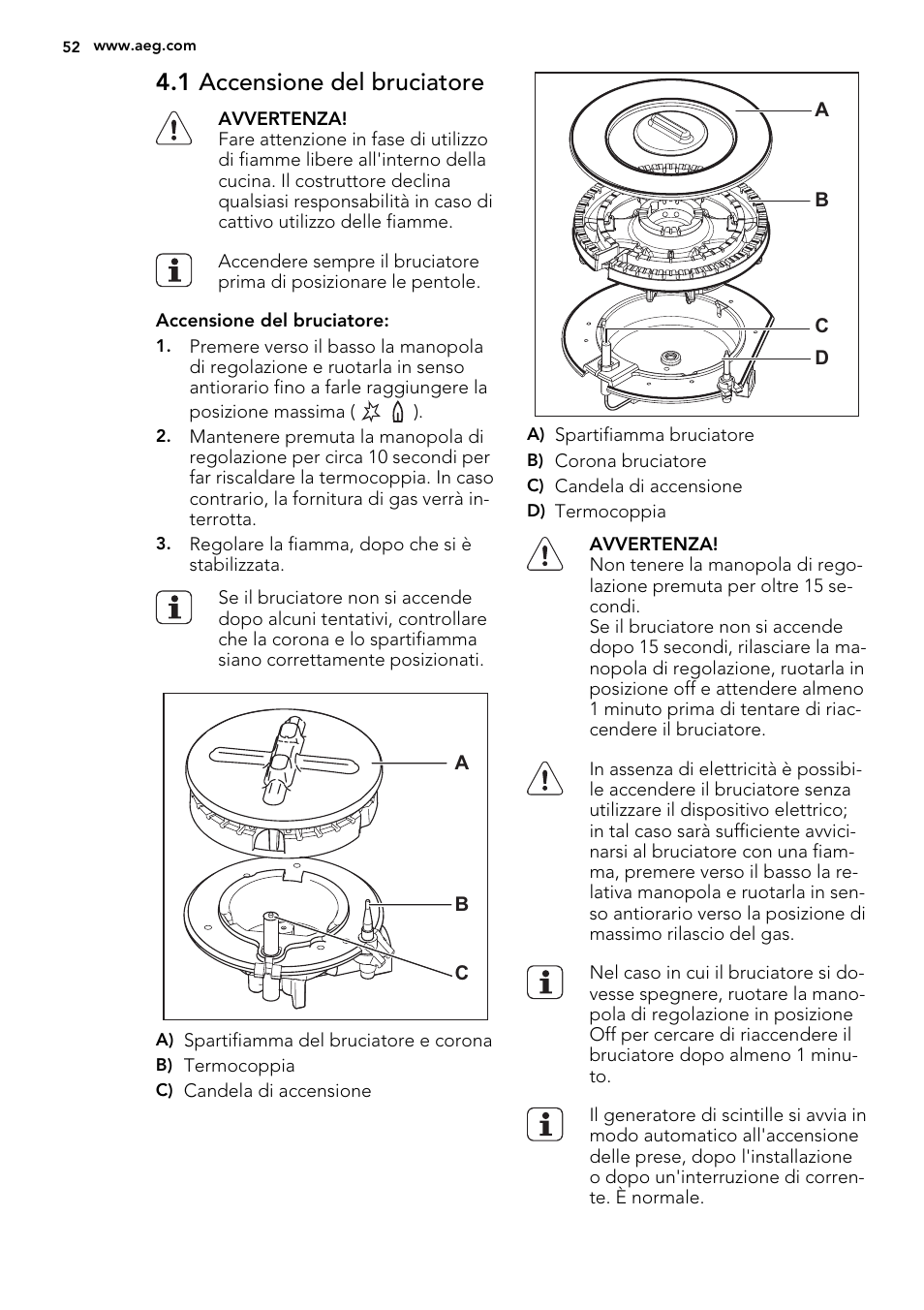 1 accensione del bruciatore | AEG HG755521UM User Manual | Page 52 / 76