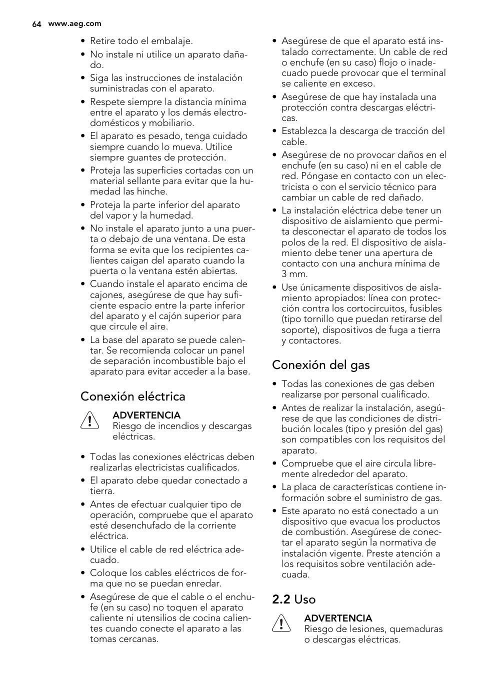 Conexión eléctrica, Conexión del gas, 2 uso | AEG HG755521UM User Manual | Page 64 / 76
