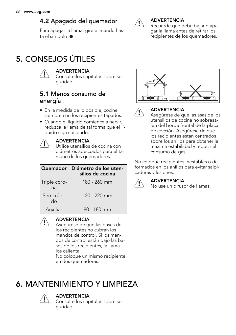 Consejos útiles, Mantenimiento y limpieza, 2 apagado del quemador | 1 menos consumo de energía | AEG HG755521UM User Manual | Page 68 / 76