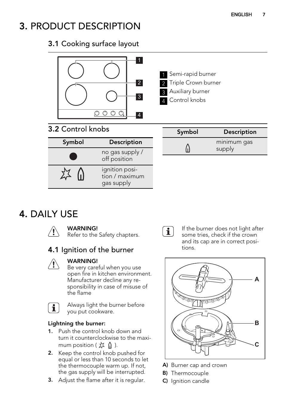 Product description, Daily use, 1 cooking surface layout | 2 control knobs, 1 ignition of the burner | AEG HG755521UM User Manual | Page 7 / 76
