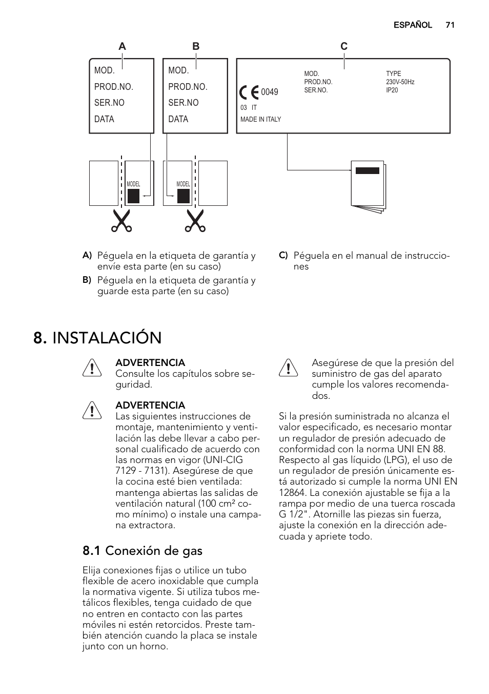 Instalación, 1 conexión de gas | AEG HG755521UM User Manual | Page 71 / 76